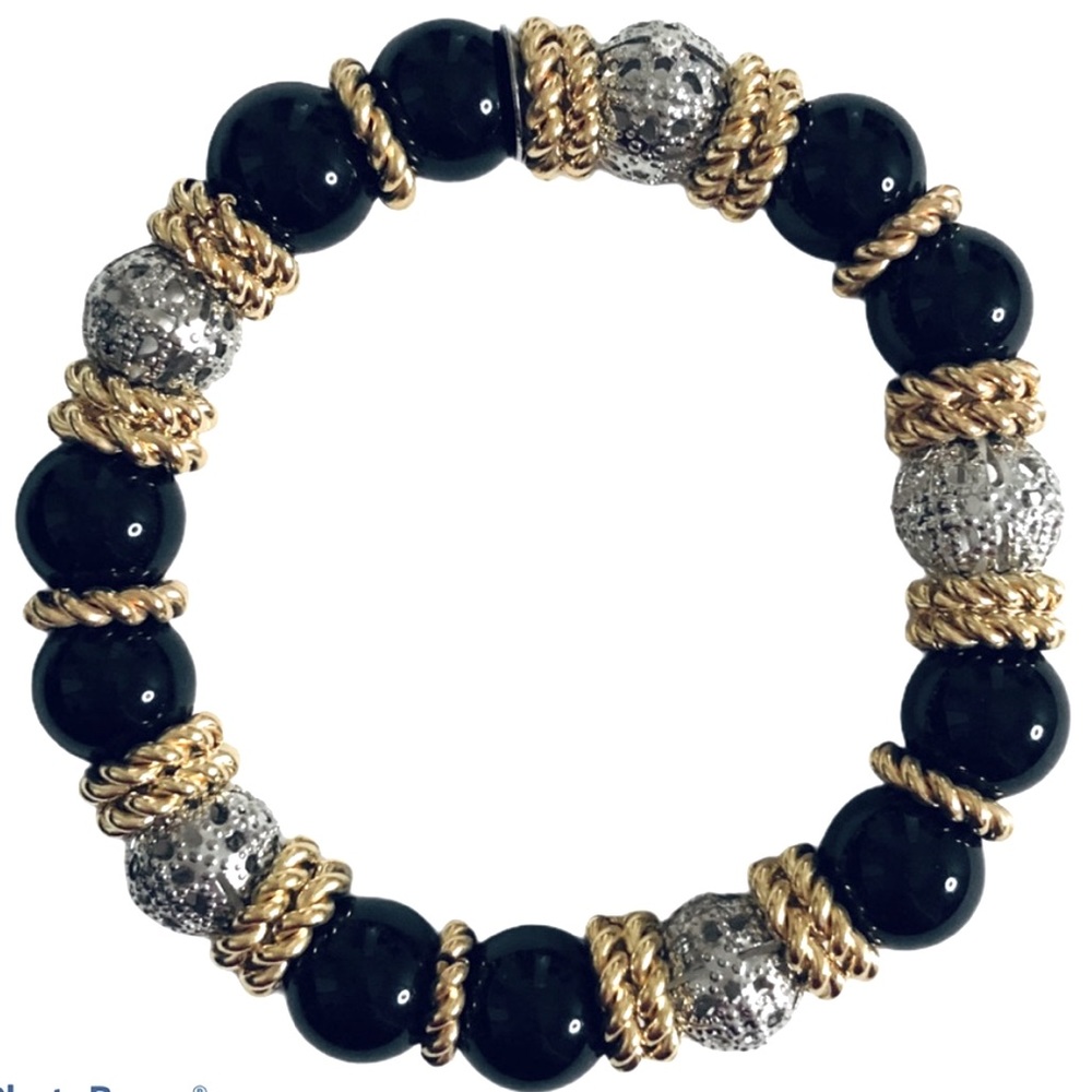 Simona Collini Gold Filled Silver Tone Bracelet Beaded Stretch Stackable Black